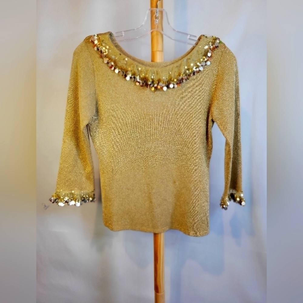 Vintage Joseph A.  Quest-ce que "est silk" gold top gold sequins Medium Sweater
